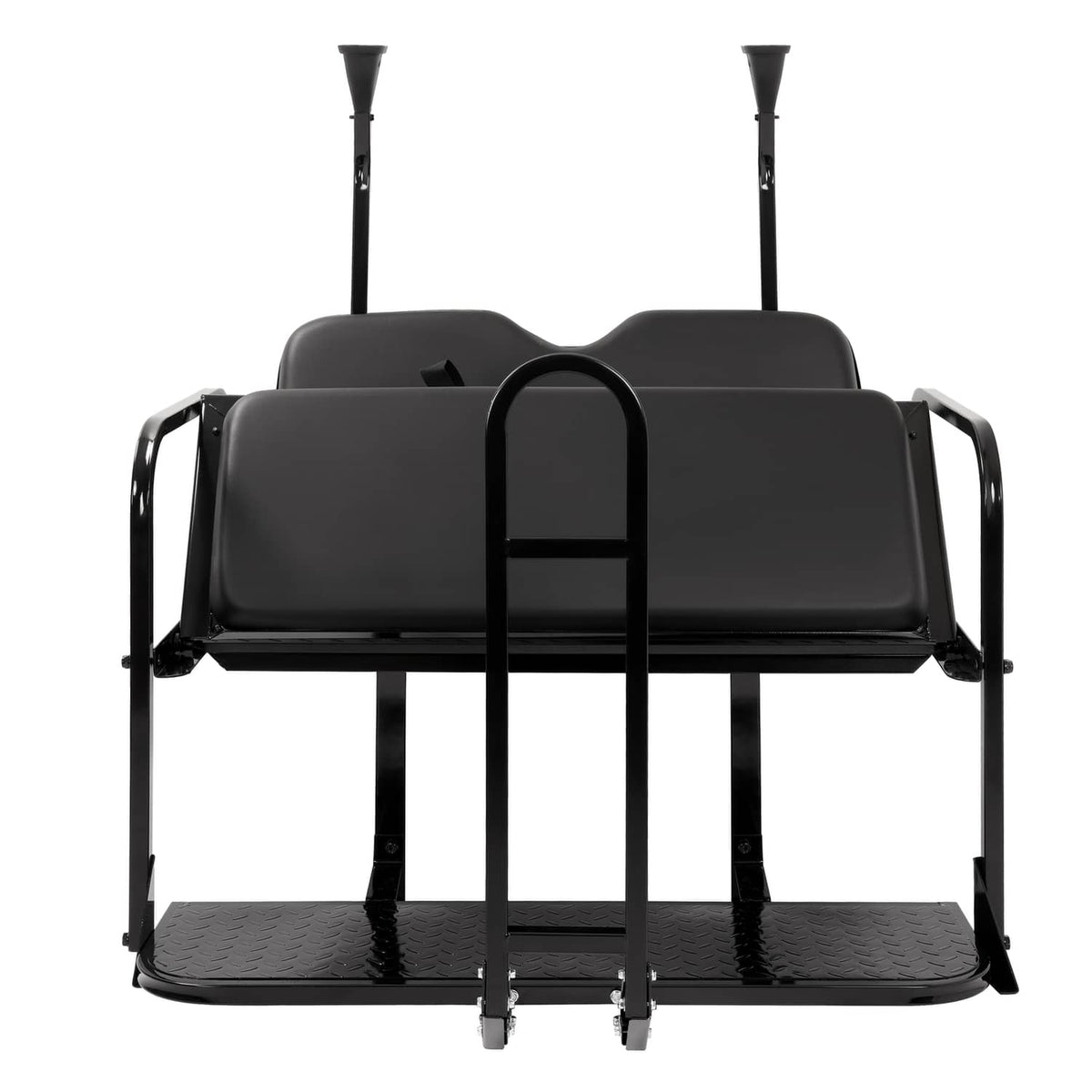 Black rear flip seat with padded backrest, front grab handle, and two-level platforms