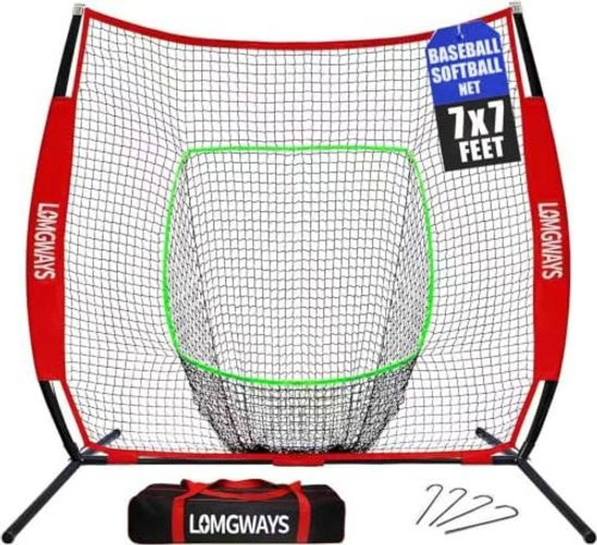 Red practice net with white mesh, green trim, pop-up frame; 7x7 feet