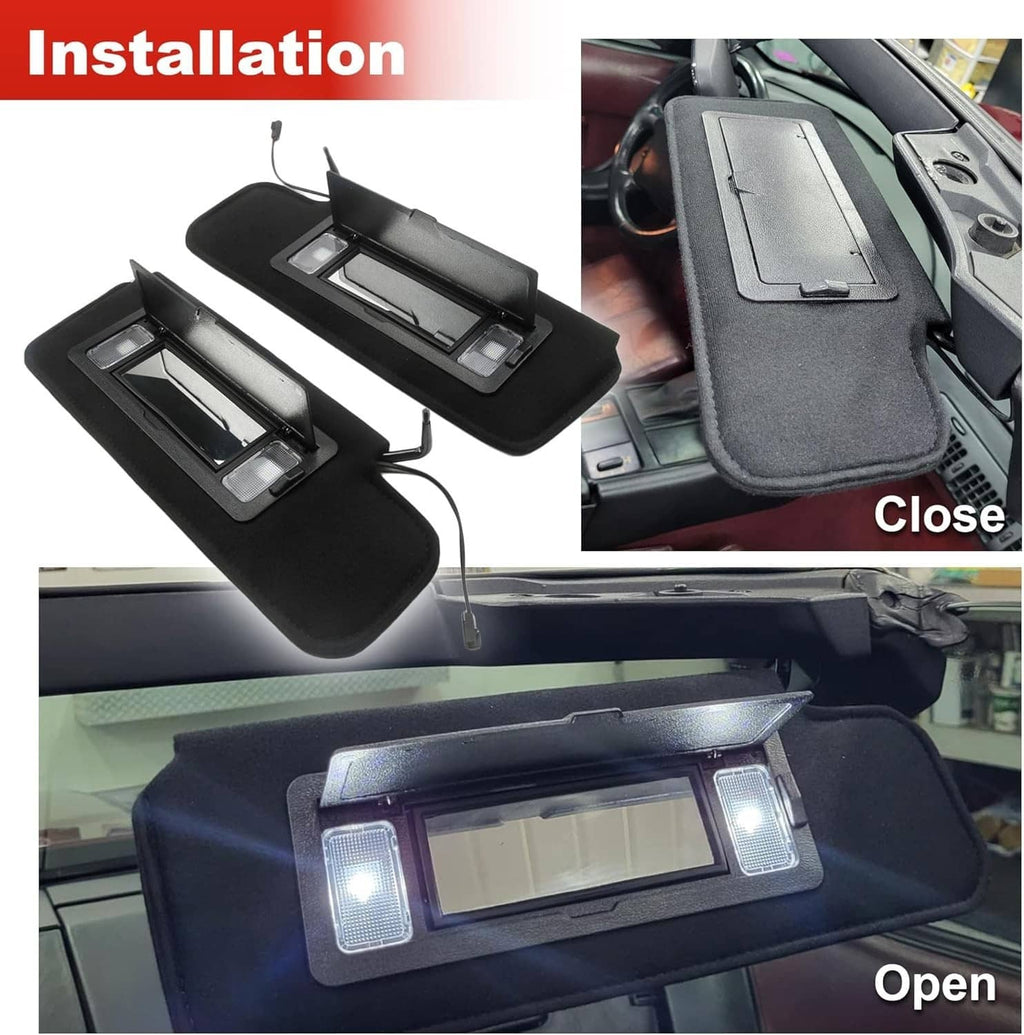 Black sun visor shades shown open and closed with LED light panels