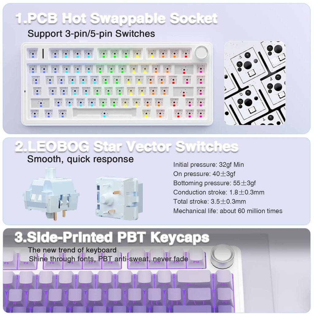 White mechanical keyboard featuring hot-swap sockets and side-printed PBT keycaps