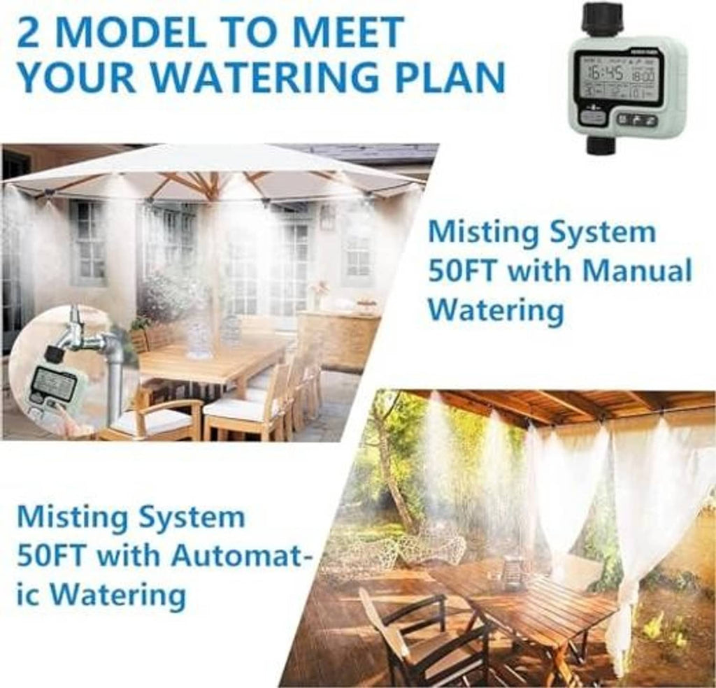 Outdoor misting system with spray nozzles over patio seating, timer controller included