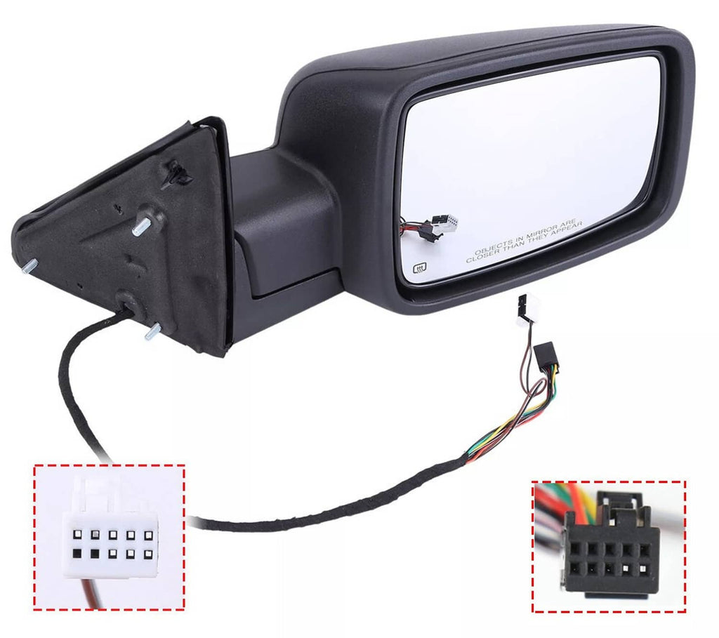 Black right side mirror housing with wiring harness and connector plug