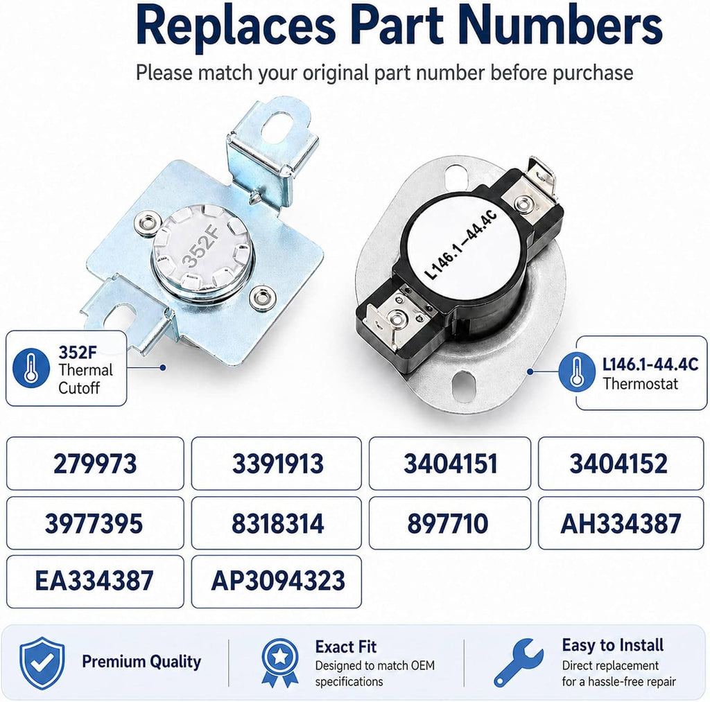 Dryer thermal cut-off fuse kit infographic showing two thermostat parts and part numbers