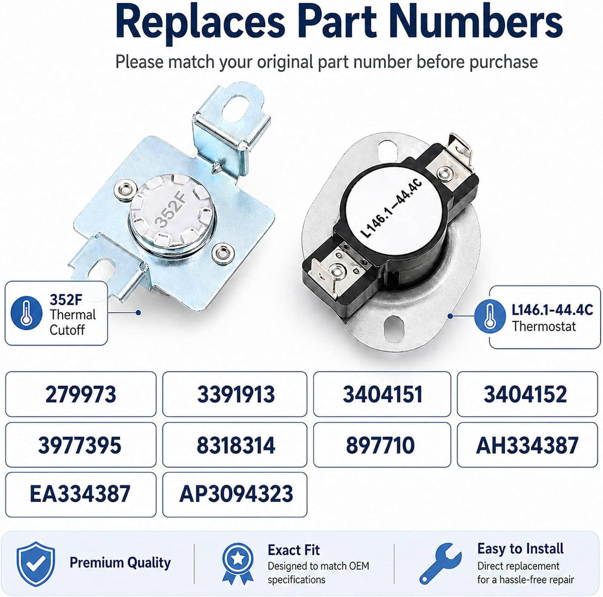 Dryer thermal cut-off fuse kit infographic showing two thermostat parts and part numbers
