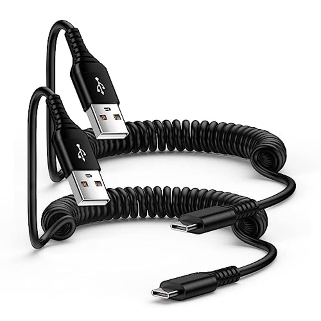 Black coiled USB-A to USB-C charging cable, two connectors shown for data sync.