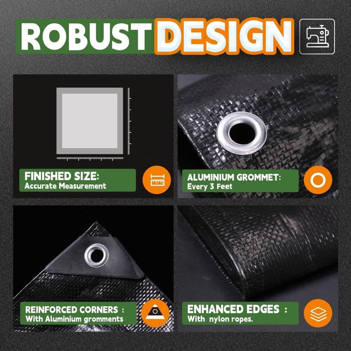 Black poly tarp with aluminum grommet eyelet and reinforced corner