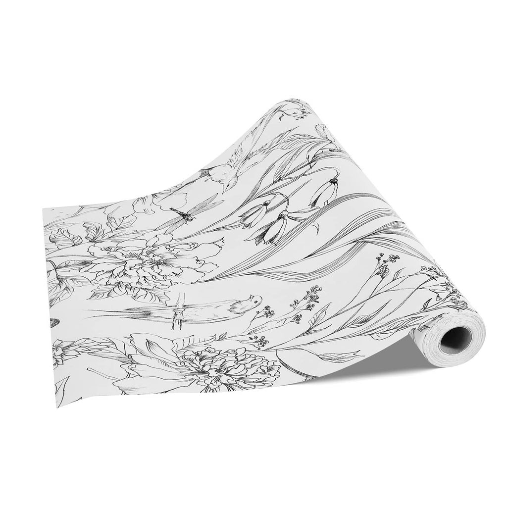 Self-adhesive wallpaper roll with black botanical floral line art on white, angled
