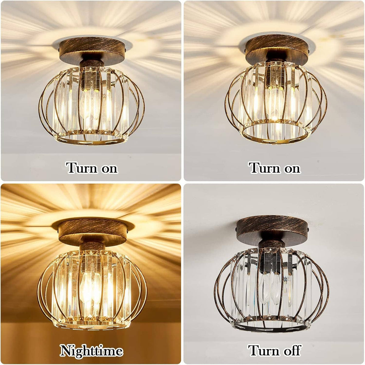 Semi-flush crystal chandelier ceiling light with illuminated bulbs and clear glass wire cage