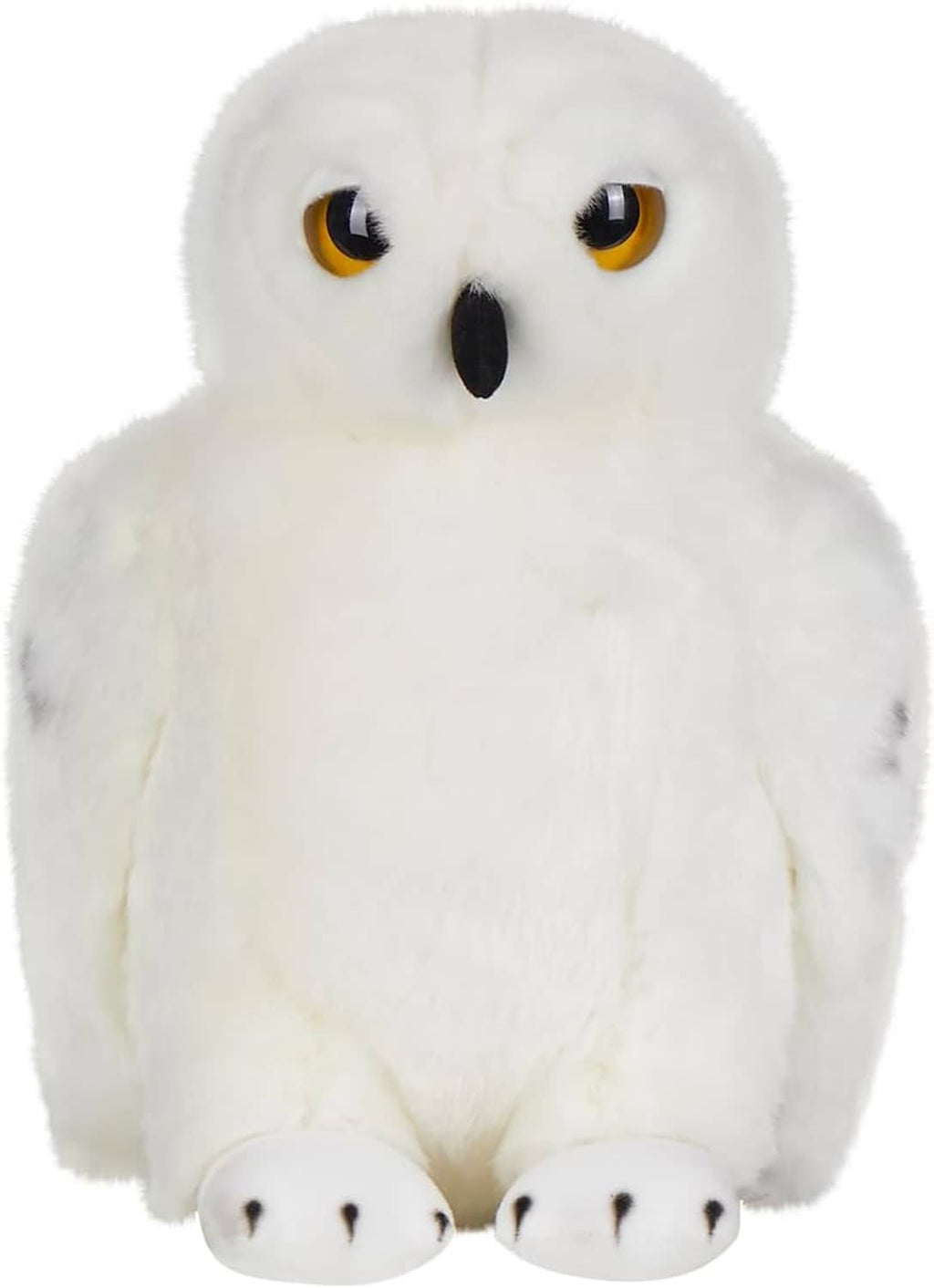 White plush snowy owl toy with amber eyes and black beak, soft cuddly body