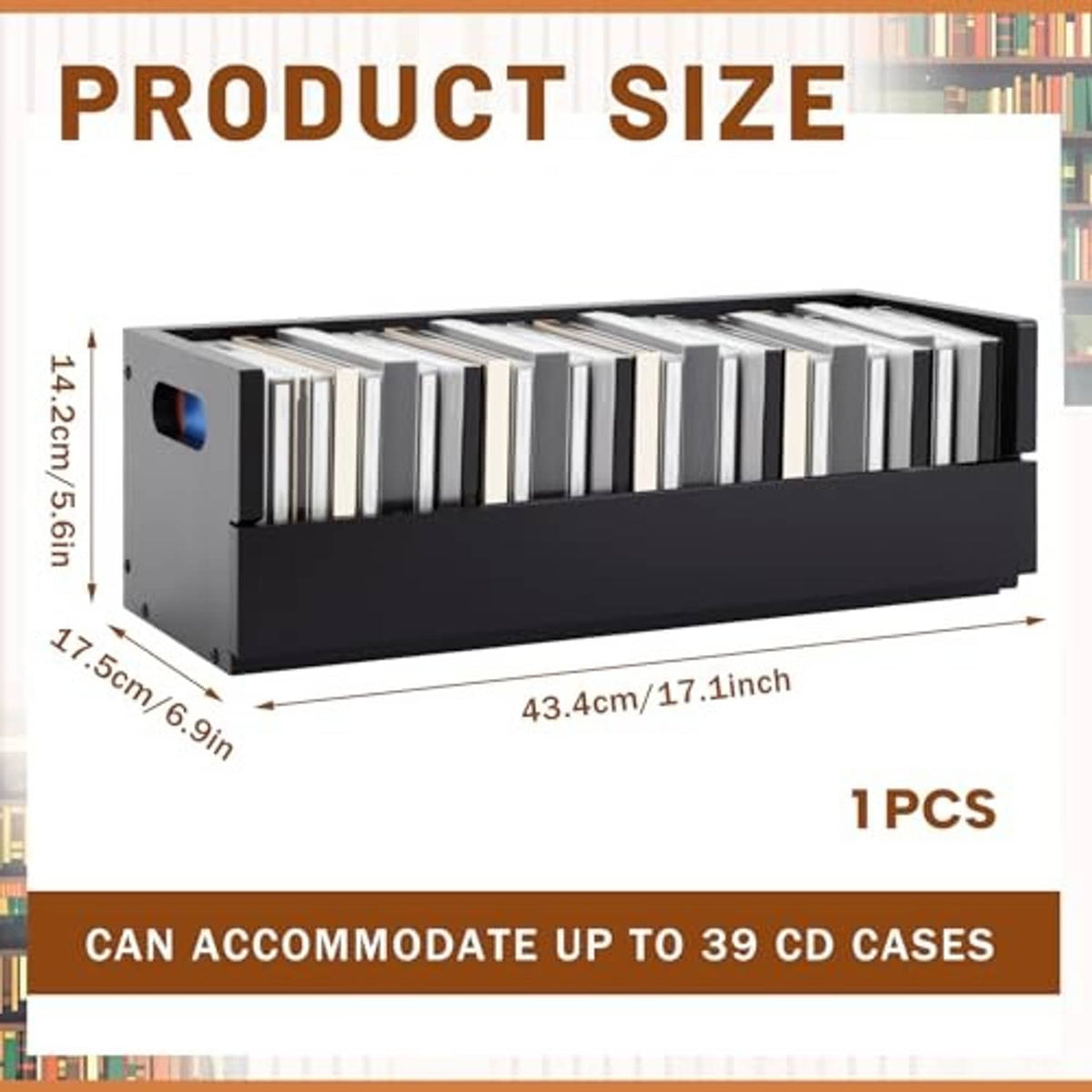 Black CD storage rack with open front and many CD cases standing inside