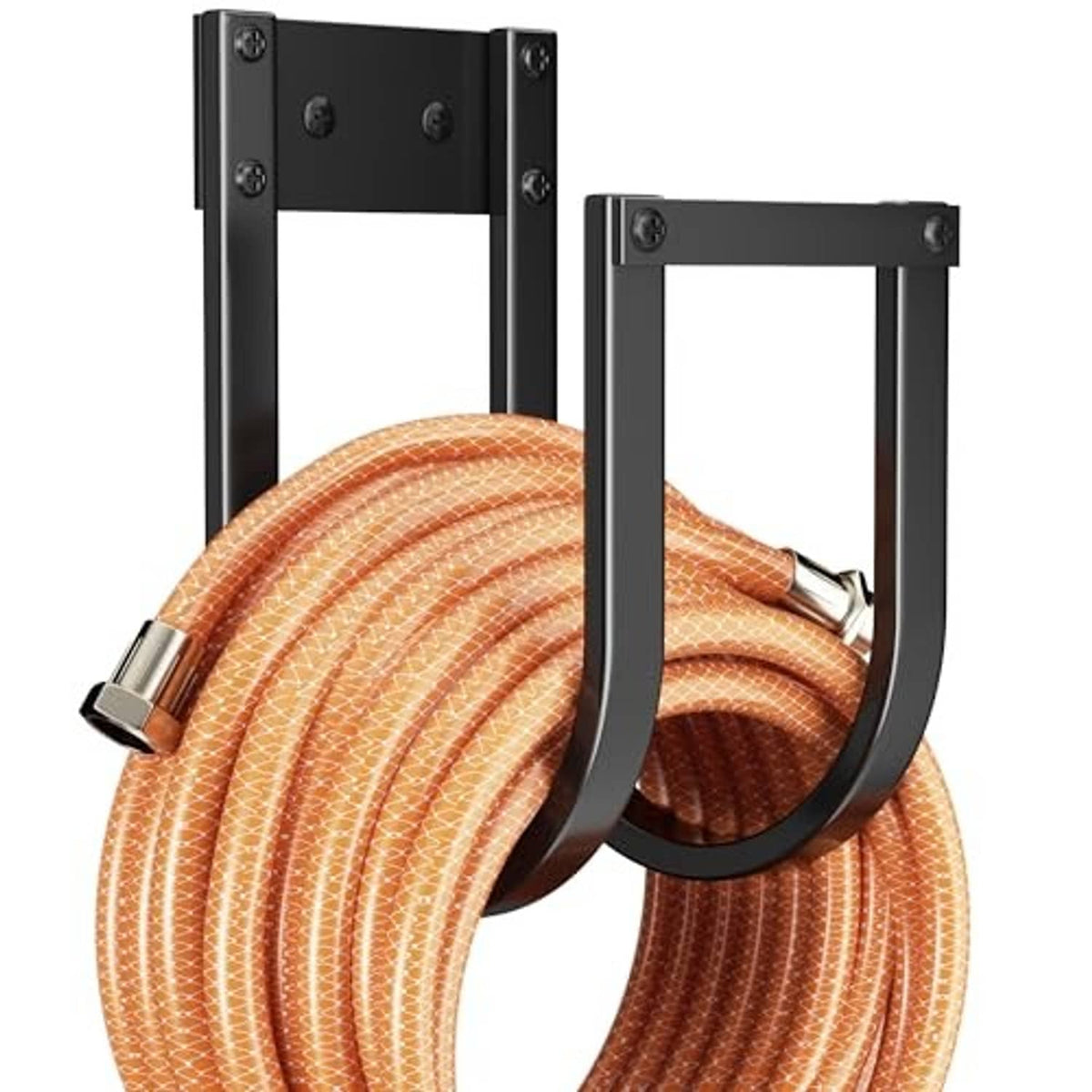 Black metal wall hose hanger with two curved hooks holding orange striped hose loops