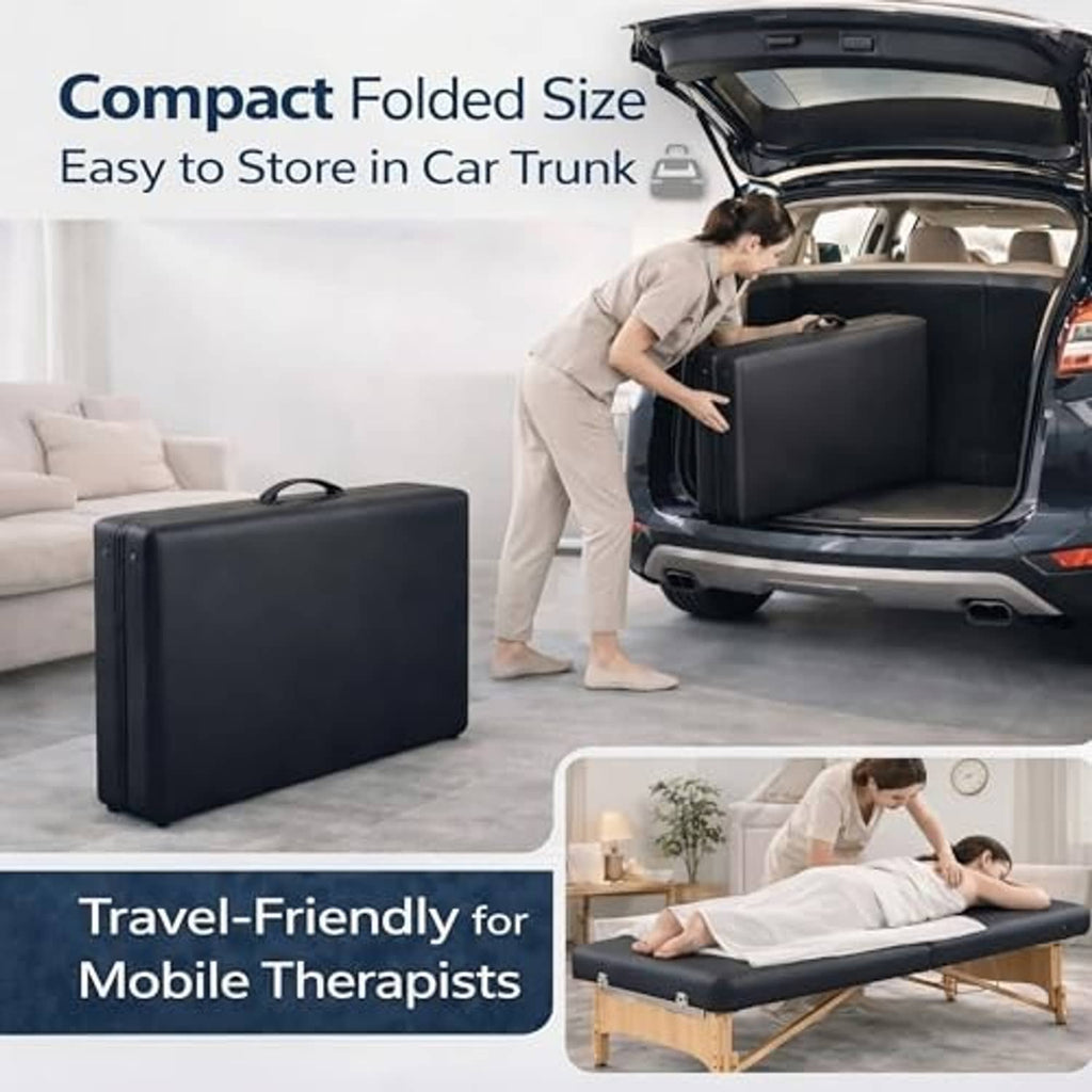 Travel-ready folding massage table in black with storage case for transport