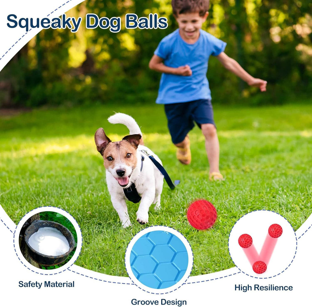 Squeaky rubber dog balls in red and blue with honeycomb grip texture