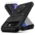 Black phone case with camera lens cover and clear screen protector