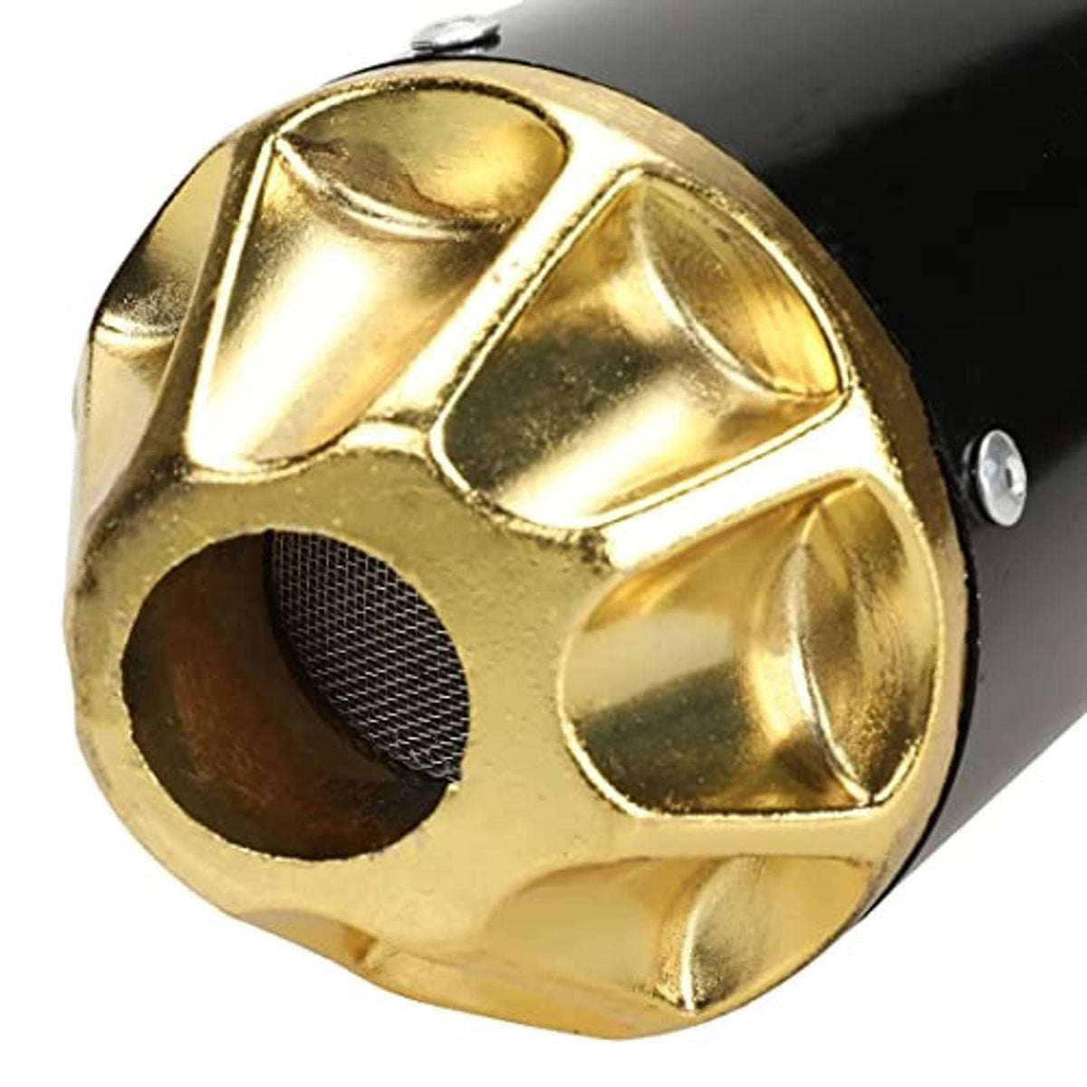 Exhaust muffler silencer gold outlet end with black intake screen and mounting holes