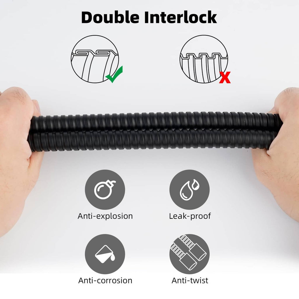 Black shower hose held taut with flexible coiled tube and bronze/gold end fittings