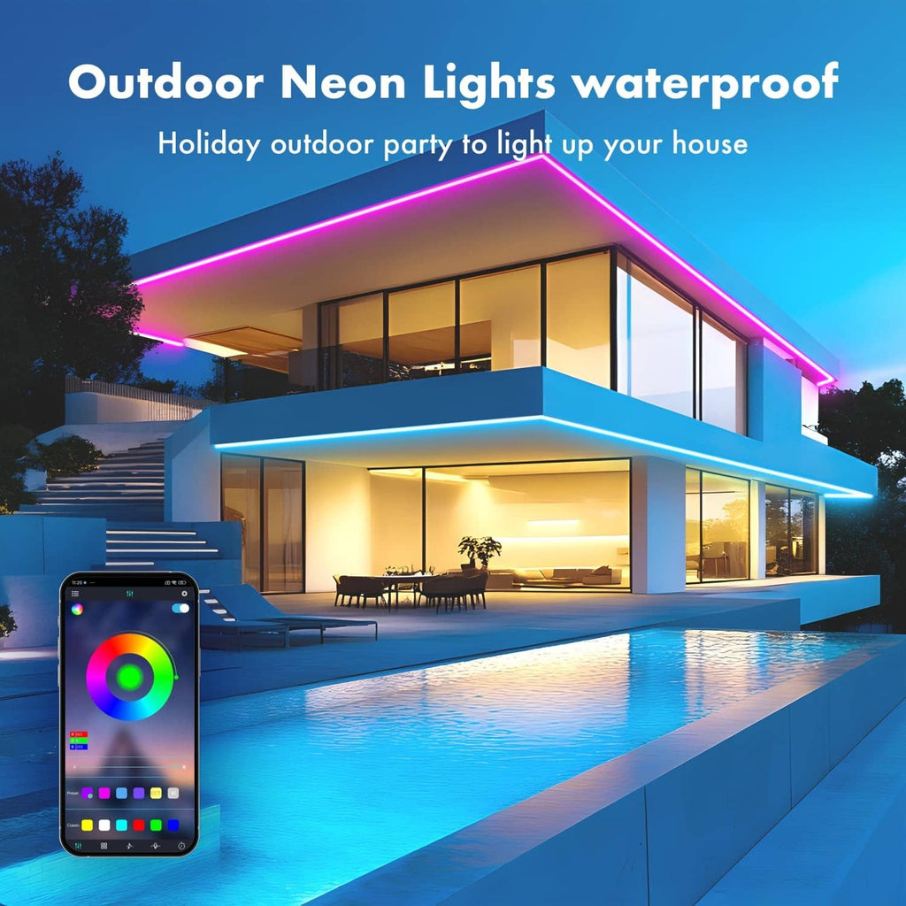 Outdoor neon rope lights waterproof, glowing roofline outline in blue and pink