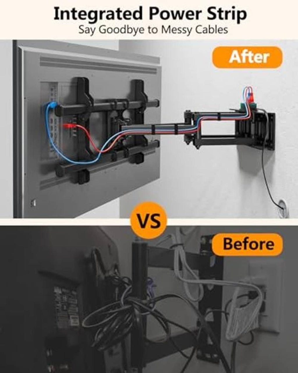TV wall mount power strip assembly, showing ports and cable connections on bracket