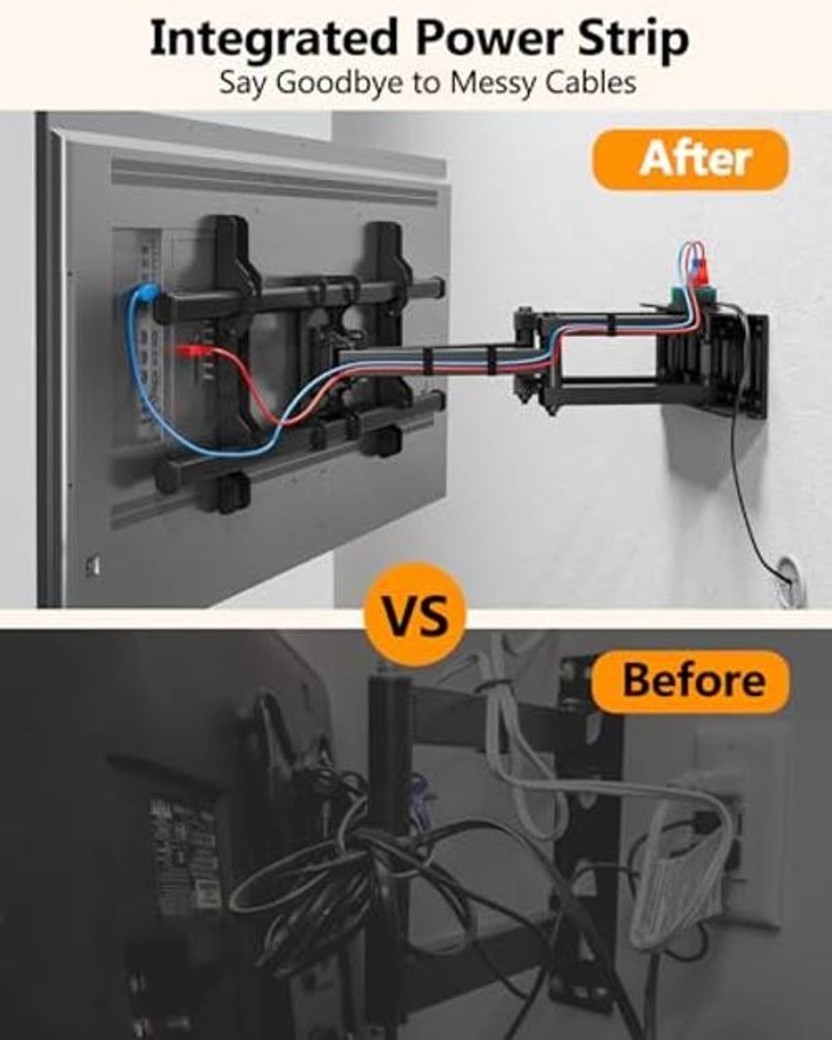 TV wall mount power strip assembly, showing ports and cable connections on bracket