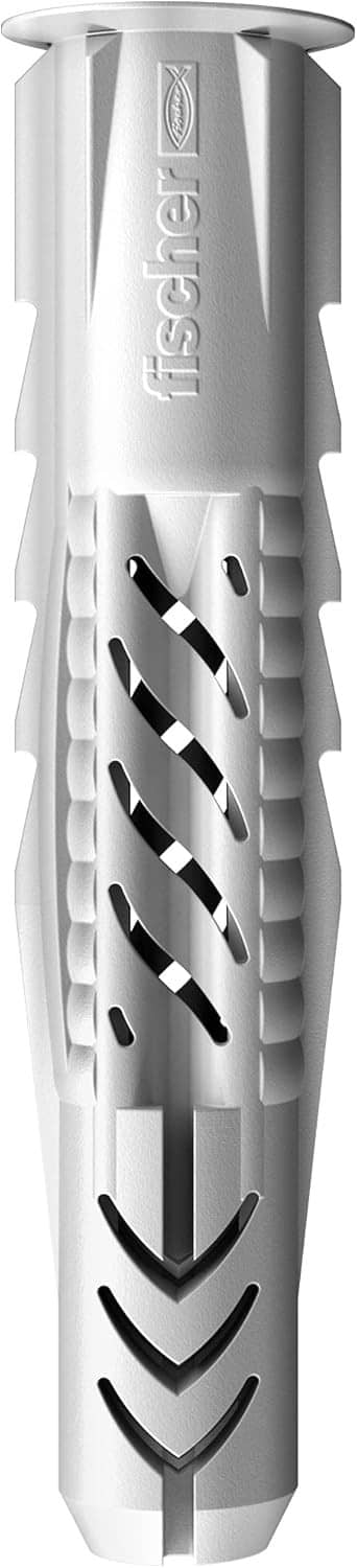 White-gray fischer UX expansion plug with deep zigzag slots, close-up