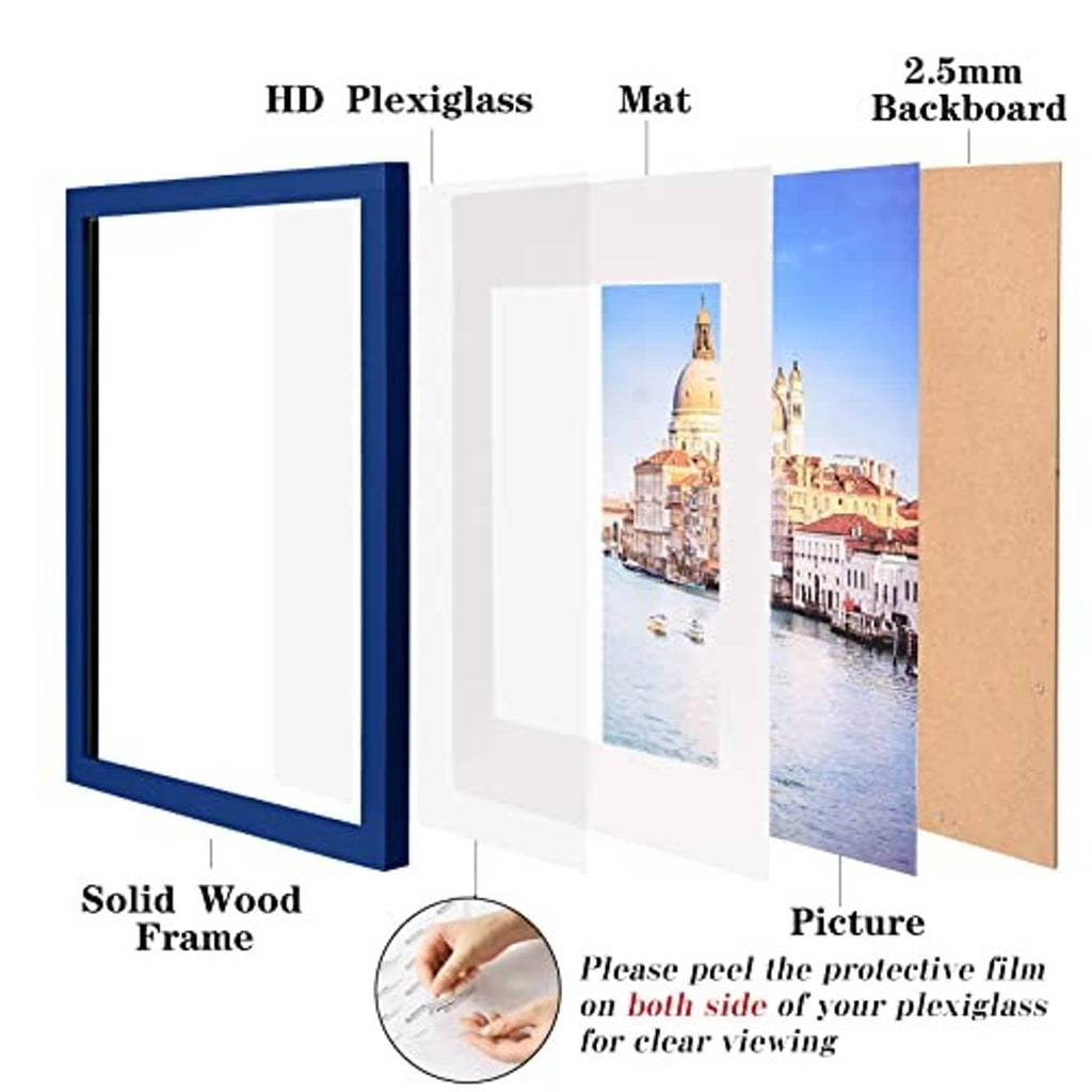 Dark blue solid wood 11x14 frame set: plexiglass, mat, and backing board