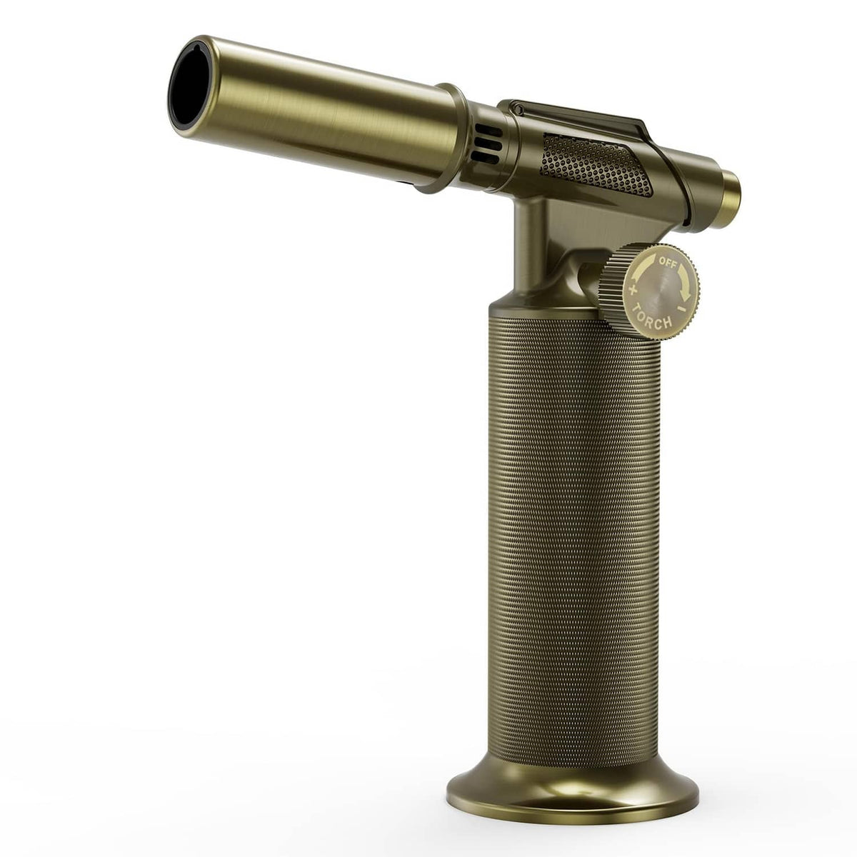 Gold metal butane micro torch with circular base and black textured grip