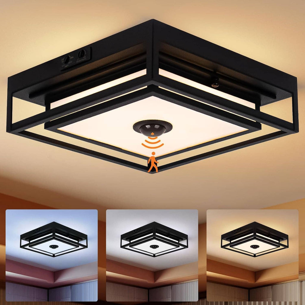 Black square LED flush mount porch ceiling light with motion sensor and diffuser panel