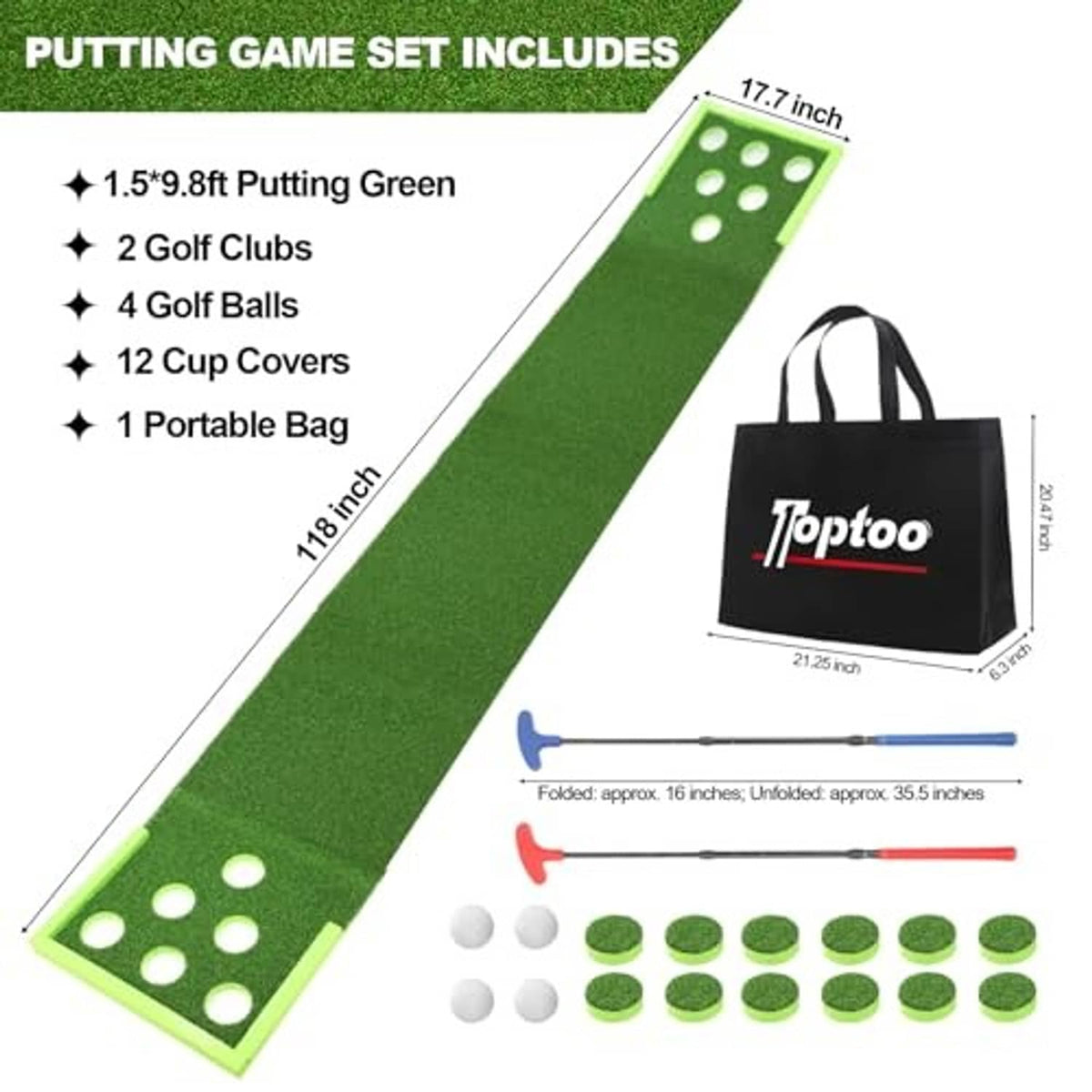 Green golf putting game set with mat, mini clubs, balls, and portable bag