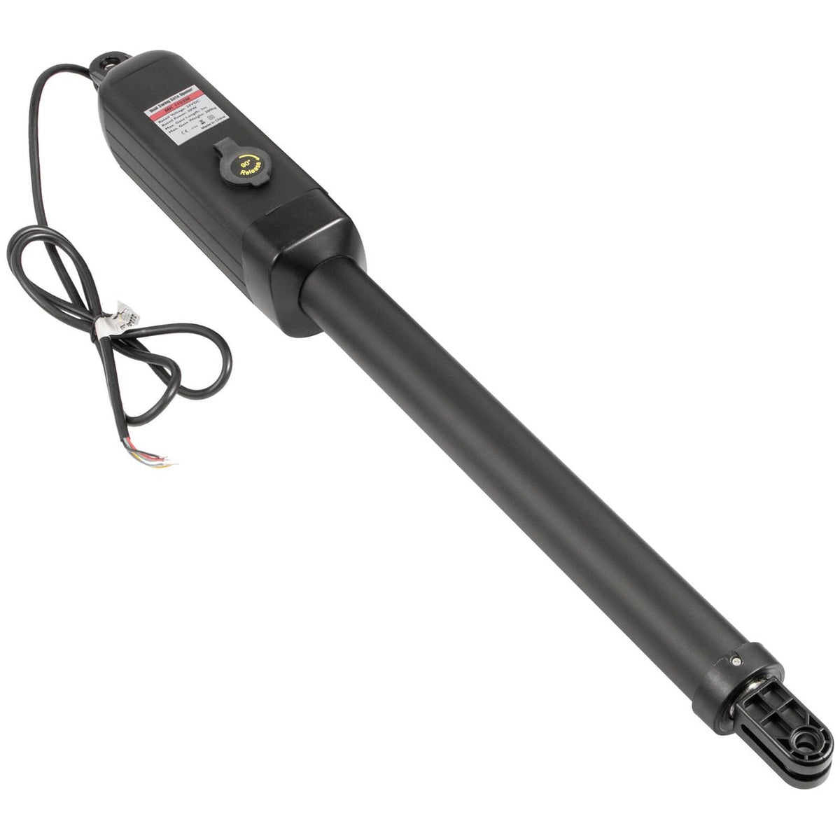 Black automatic swing gate opener actuator motor with attached wiring cable