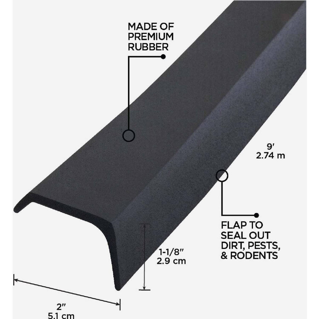 Black rubber garage door bottom seal profile with flap and size markings