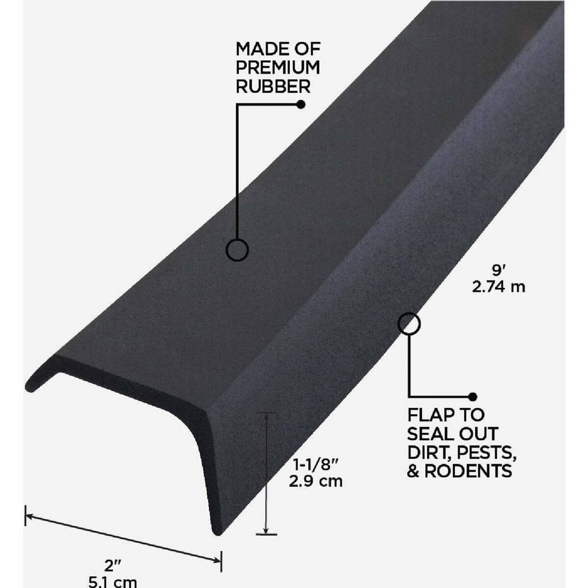 Black rubber garage door bottom seal profile with flap and size markings