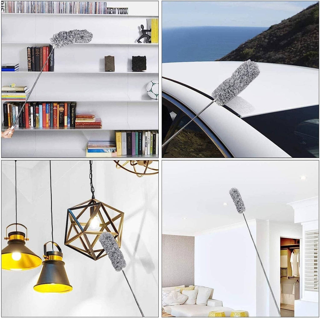 Gray microfiber feather duster on extendable pole for cleaning shelves and ceiling
