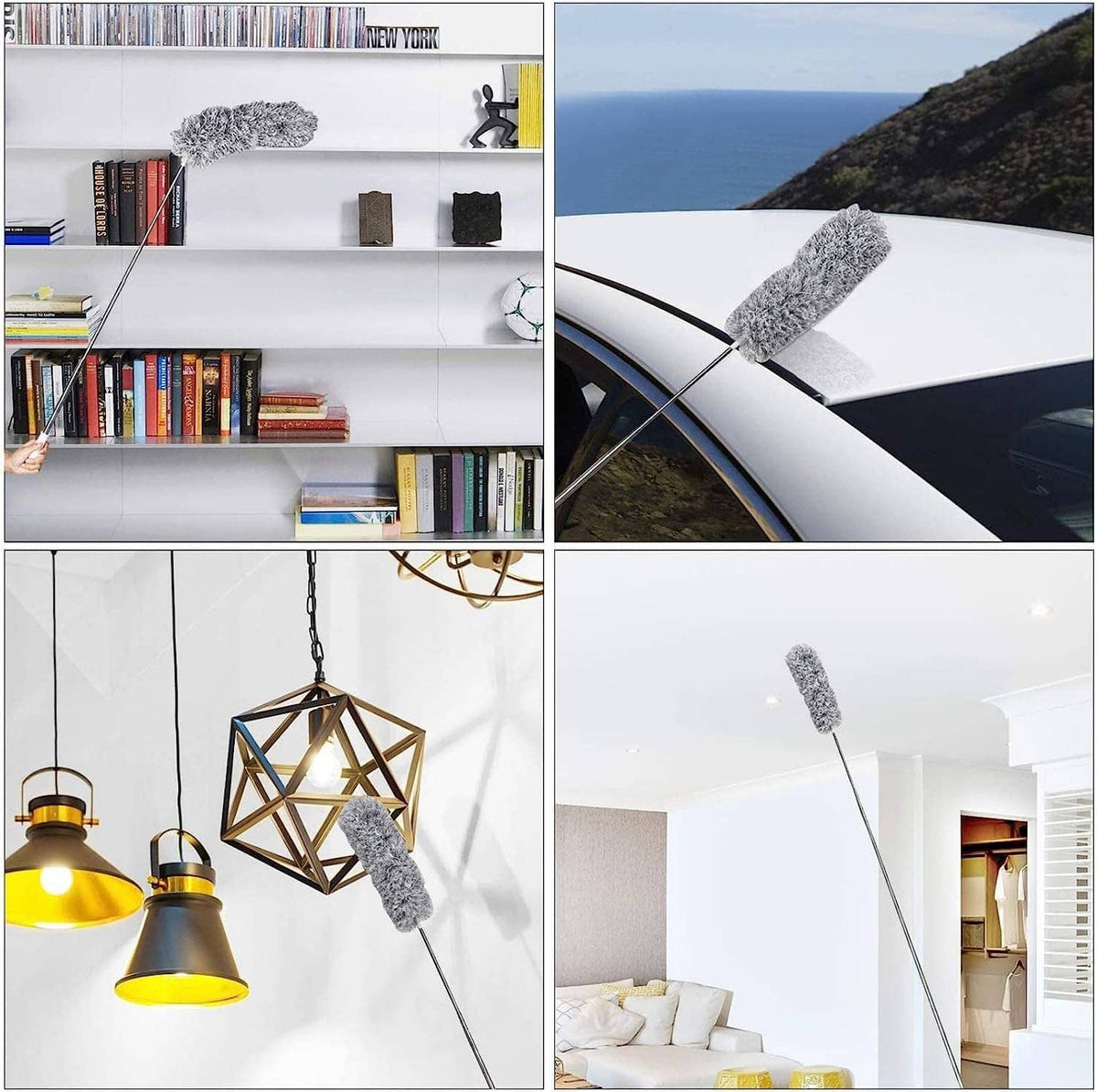 Gray microfiber feather duster on extendable pole for cleaning shelves and ceiling