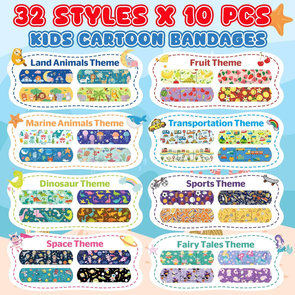 Set of kids cartoon bandages with assorted animal, fruit, sports and space designs