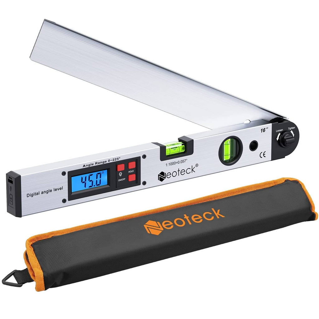 Aluminum digital angle level with LCD showing 45.0° and green bubble indicator