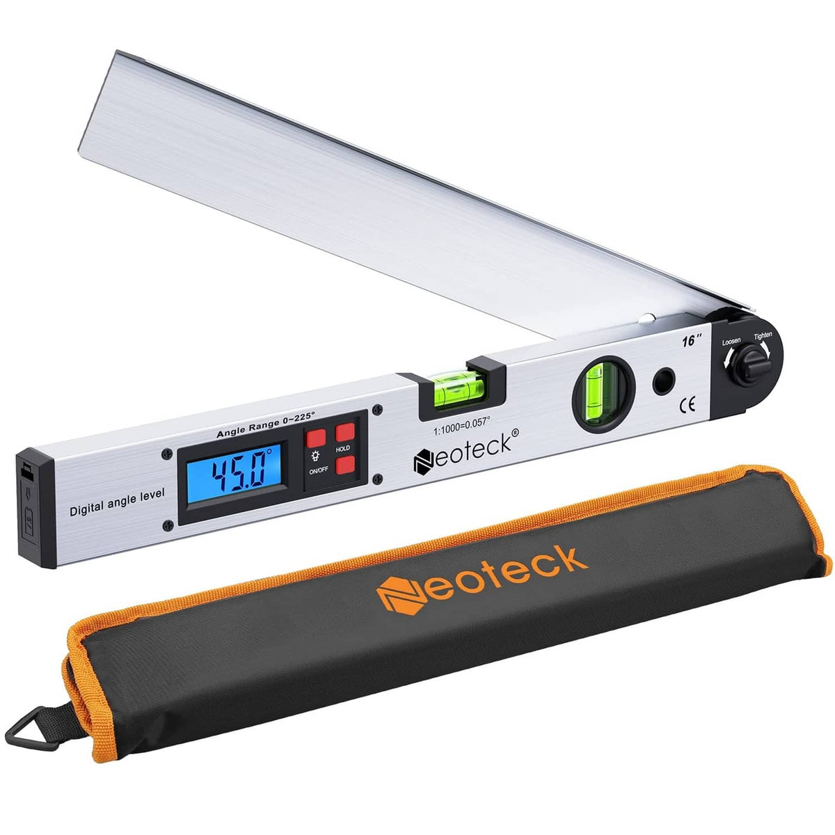 Aluminum digital angle level with LCD showing 45.0° and green bubble indicator
