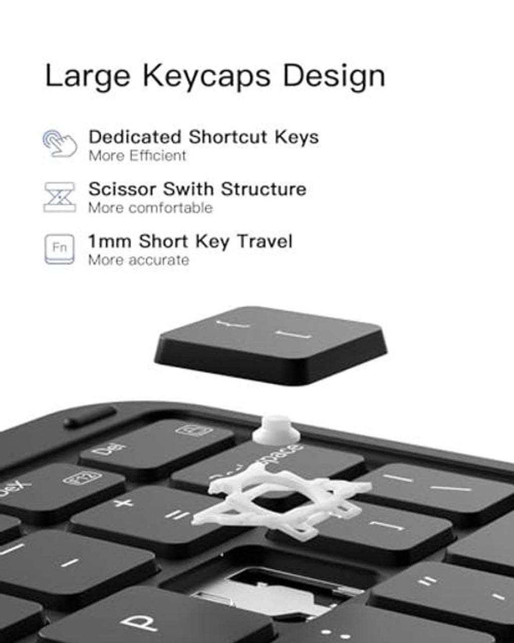Keyboard case close-up showing large keycaps and scissor-switch key structure