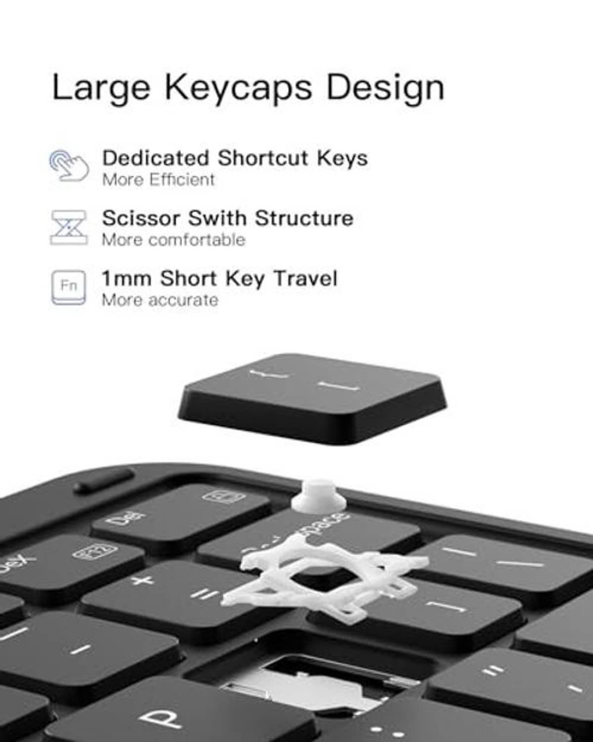 Keyboard case close-up showing large keycaps and scissor-switch key structure