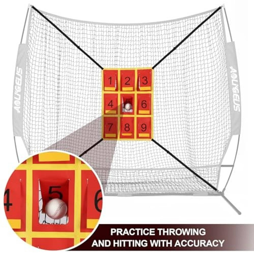 Black baseball practice net with red-and-yellow 3x3 strike zone target panel