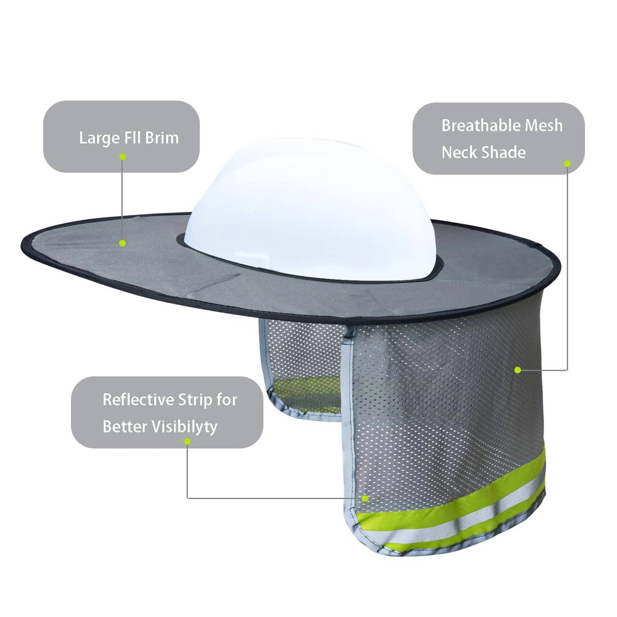 Grey full-brim hard hat sun shield with breathable mesh neck shade and reflective strip