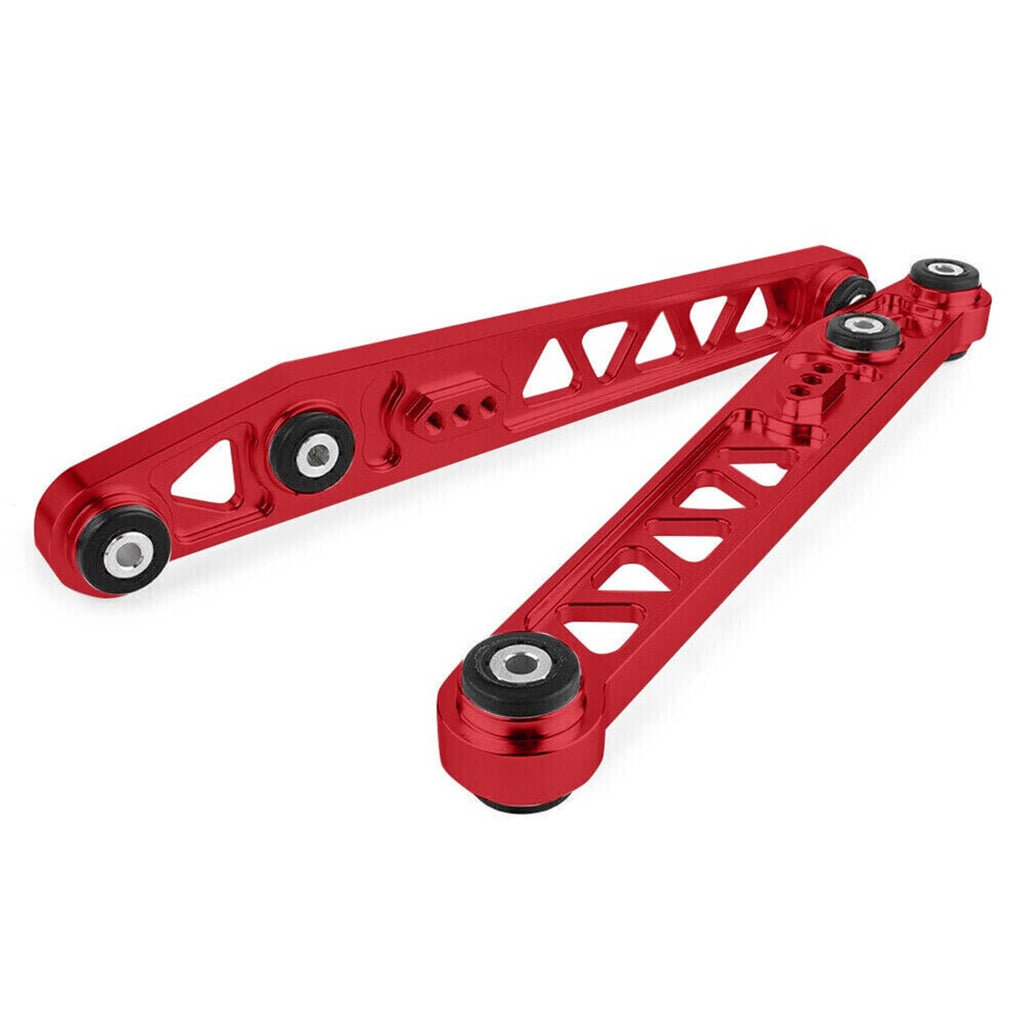 Red billet rear tie bar brace with triangular cutouts and four rubber bushings