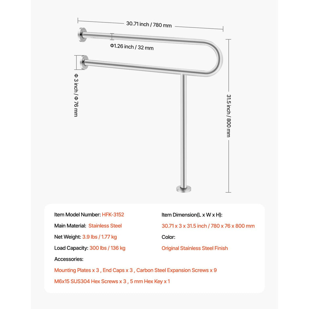 Toilet grab bar dimension diagram, 31.5 in height with U-shaped stainless rail