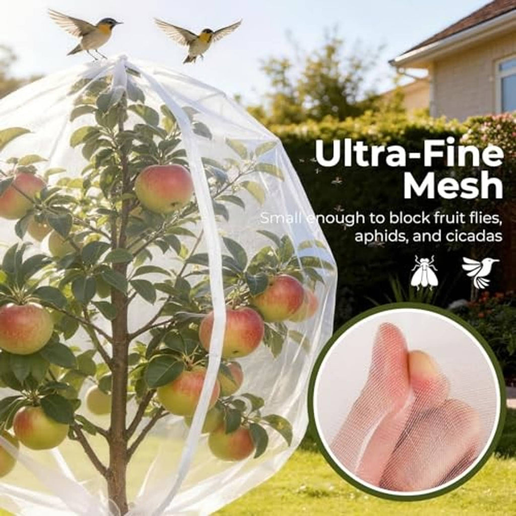 Ultra-fine white fruit netting cover mesh over a fruit tree with fine openings