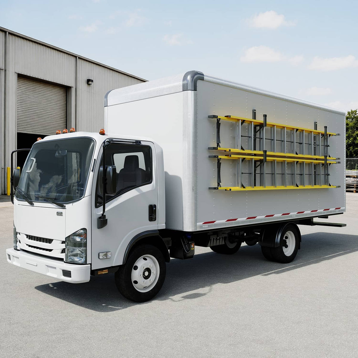 Exterior wall-mounted ladder rack on white box truck with yellow support rails