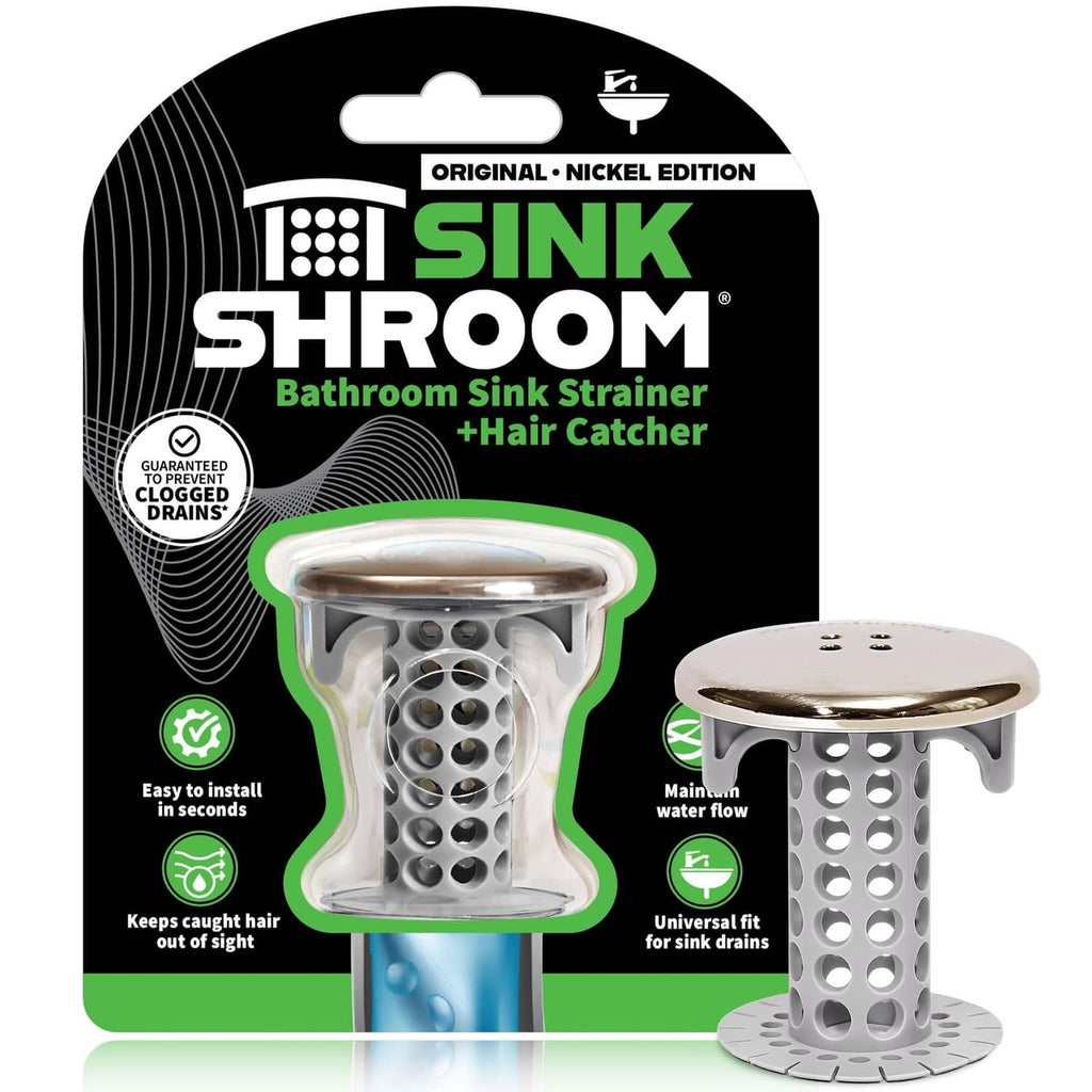 Bathroom sink strainer with nickel finish hair catcher and perforated drain basket.