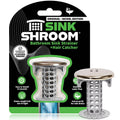 Bathroom sink strainer with nickel finish hair catcher and perforated drain basket.