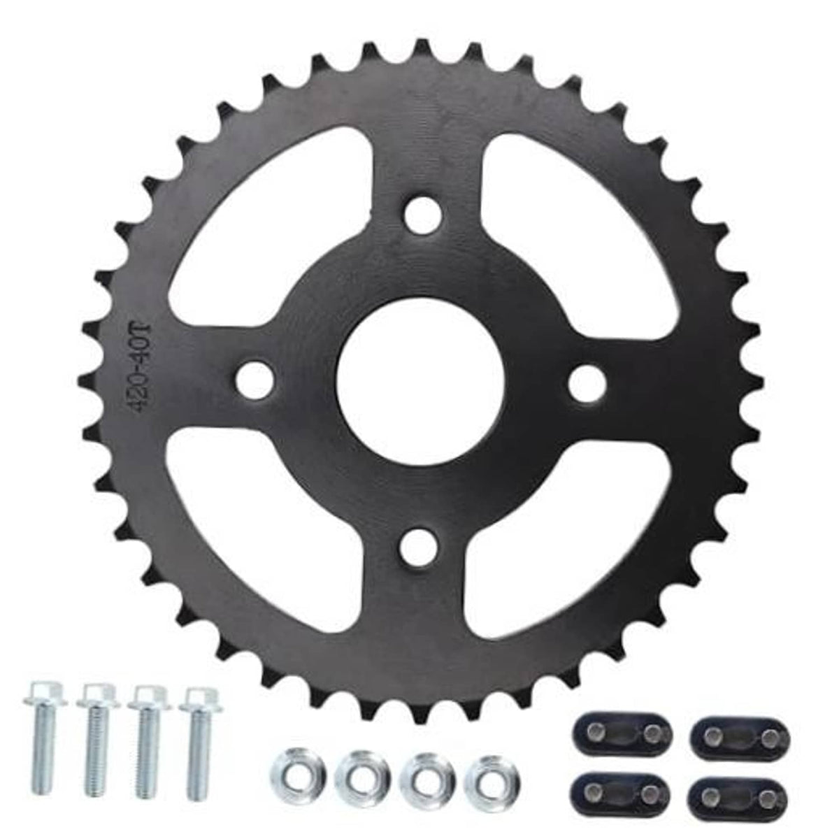 Black 40T 420 chain sprocket set with mounting bolts and spacers