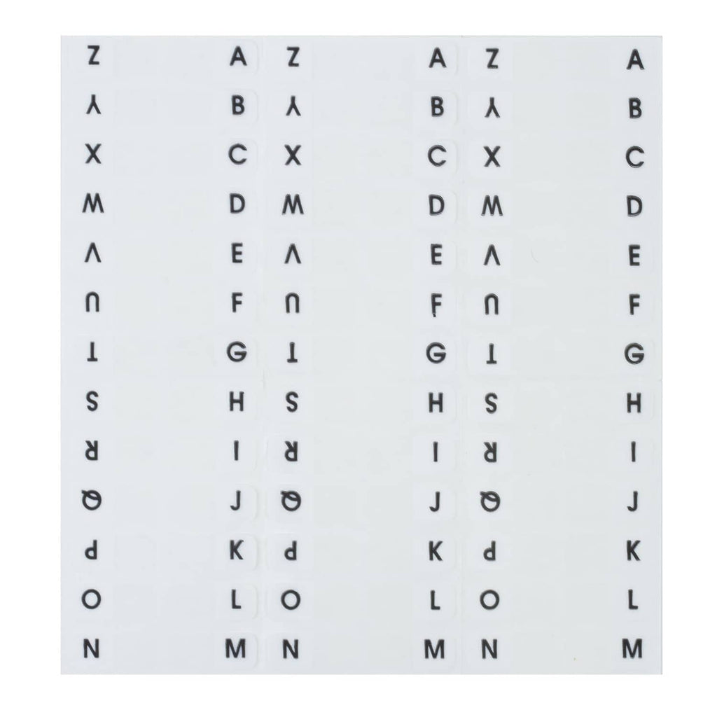 White letter divider tabs sheet with printed A–Z columns, close-up of tab letters