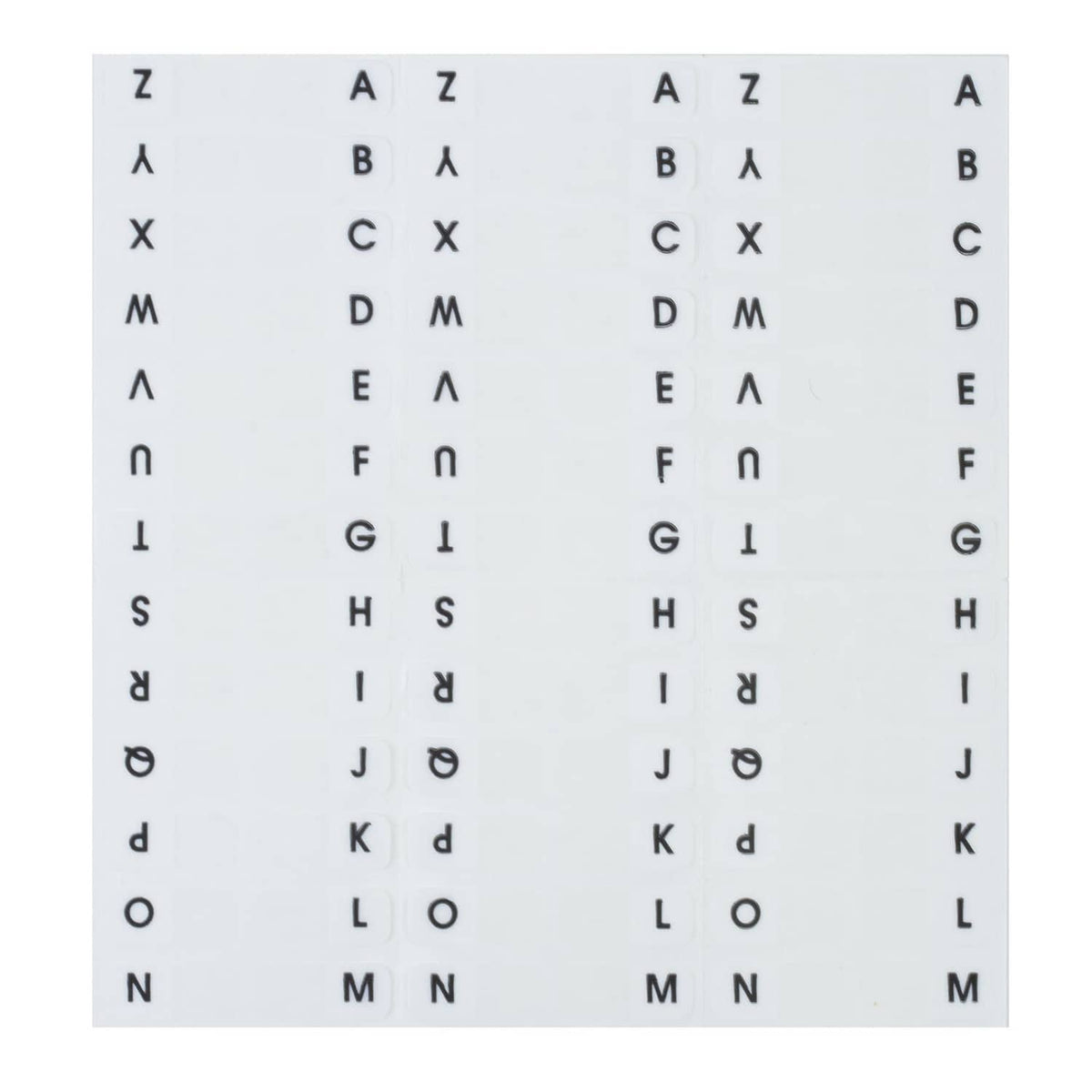 White letter divider tabs sheet with printed A–Z columns, close-up of tab letters