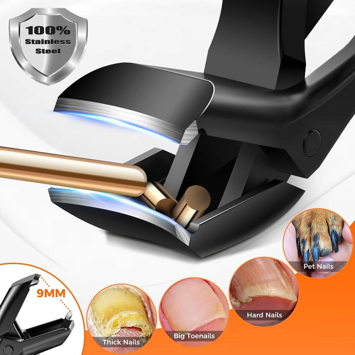 Black toenail clippers cutting thick nails with wide jaws and steel blade